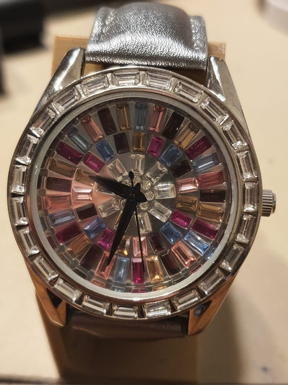 ADRIENNE VITTADINI Silver  Multicolor Rhinestones Leather Watch